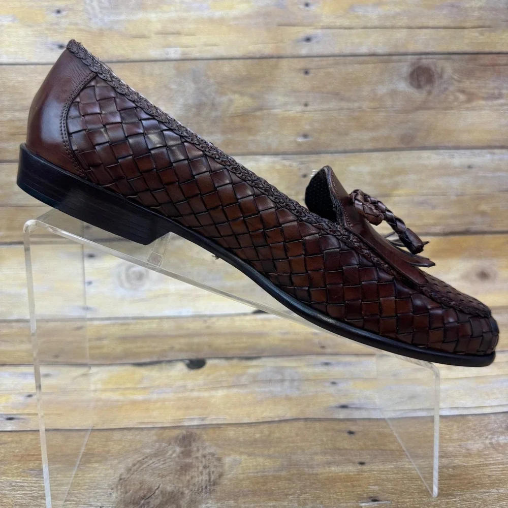 Vintage Bragano Cole Haan Men 10 Woven Leather Kiltie Tassel Loafer Brown Italy